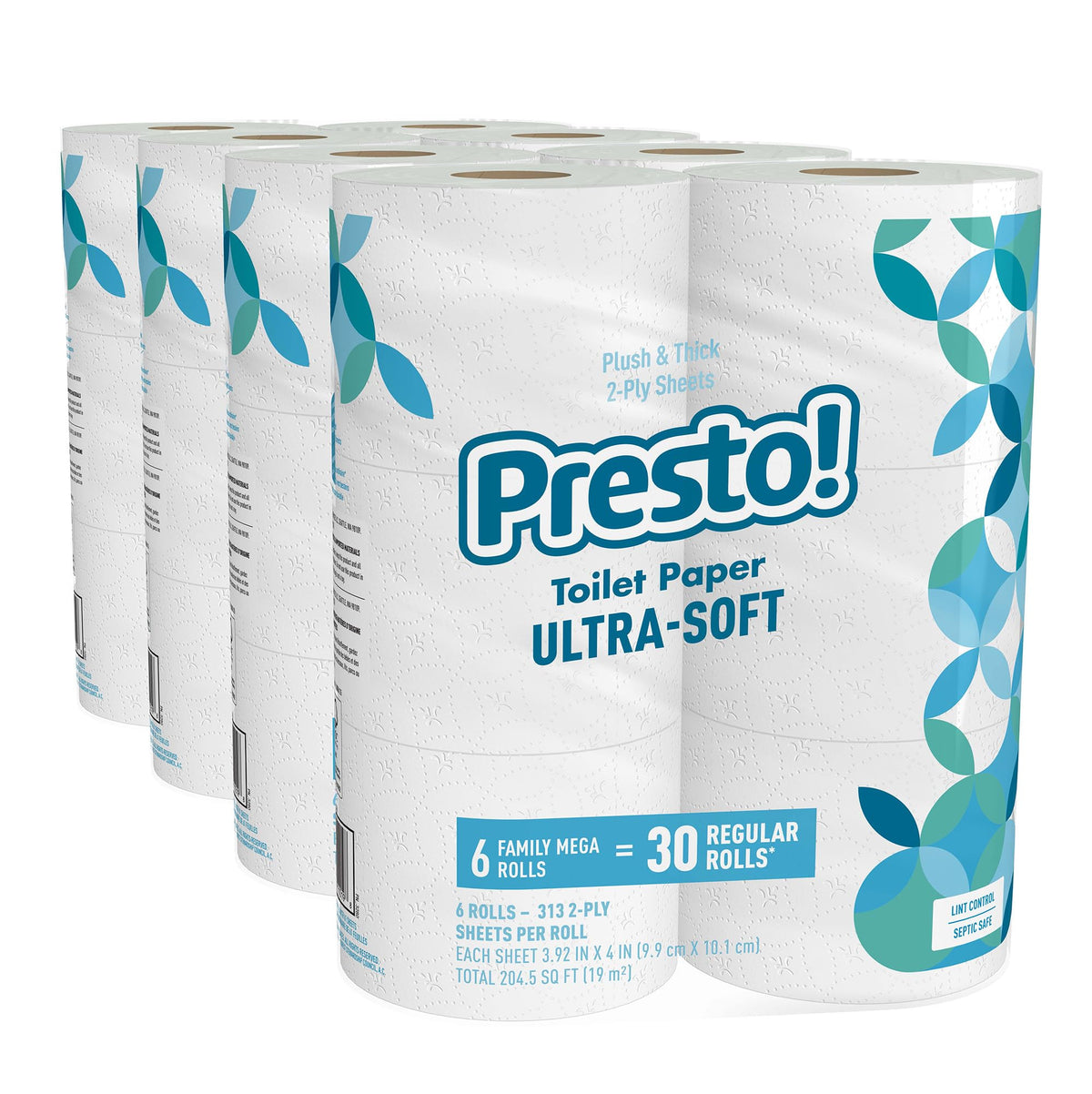 Presto! paquete frontal de 24 mega rollos mostrando ahorro y cantidad