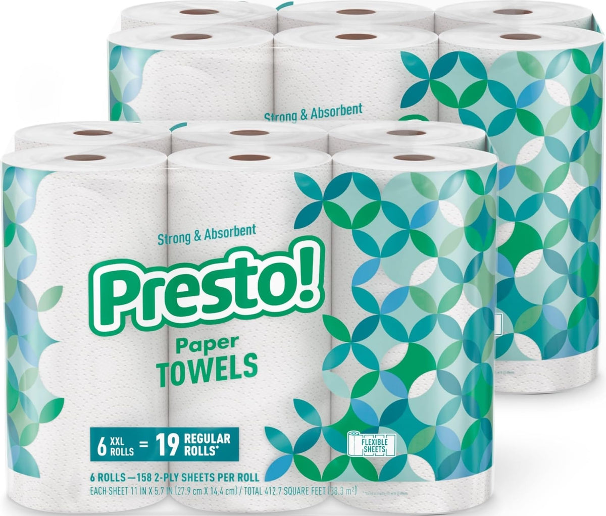 Presto! rollo frontal mostrando empaque grande y ahorro de recambios