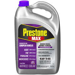 Prestone MAX Euro Violet frontal botella mostrando etiqueta y beneficios