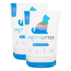 PrettyLitter frente del empaque mostrando las dos bolsas y aroma loto