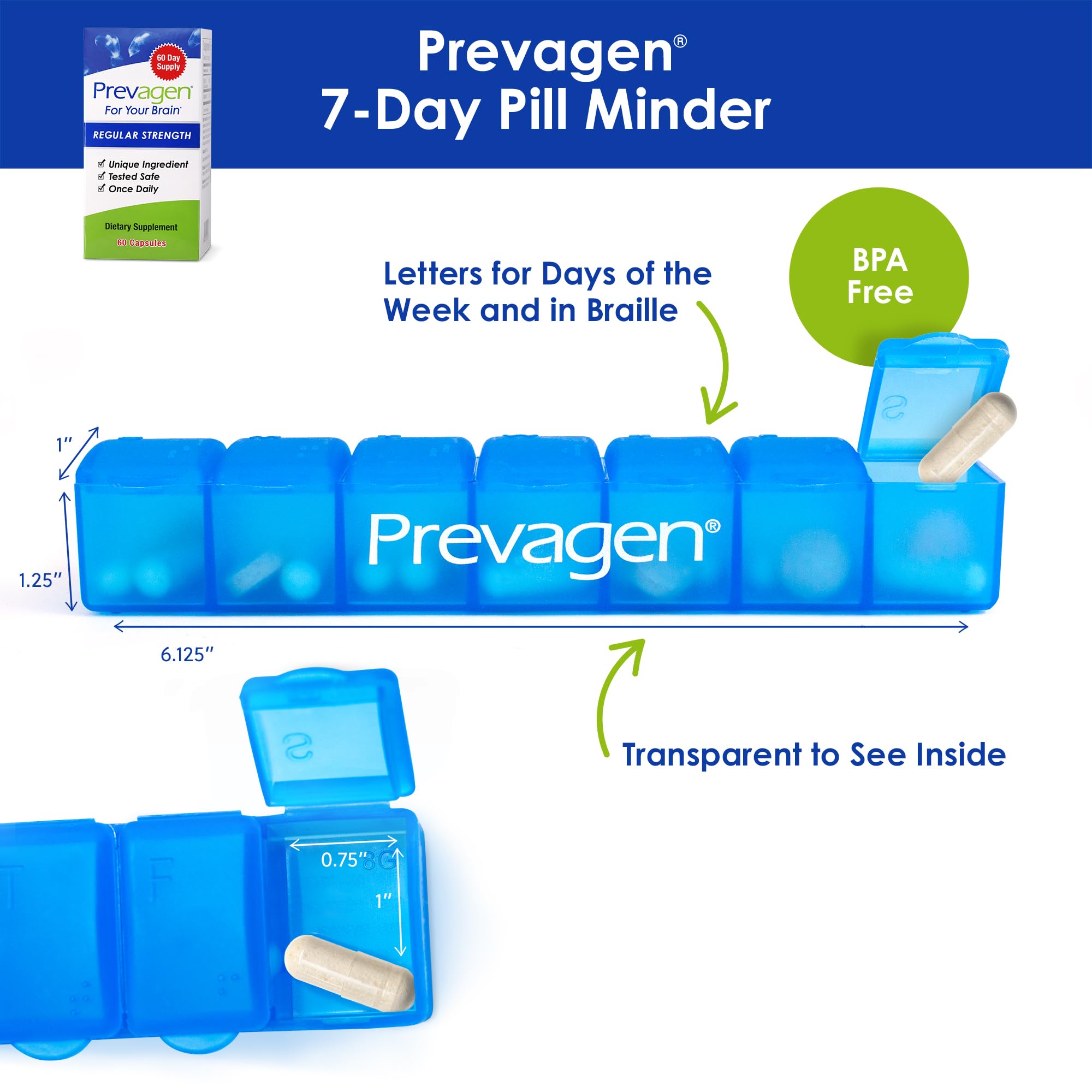 Detalle de una cápsula Prevagen destacando fácil de tragar y conveniencia