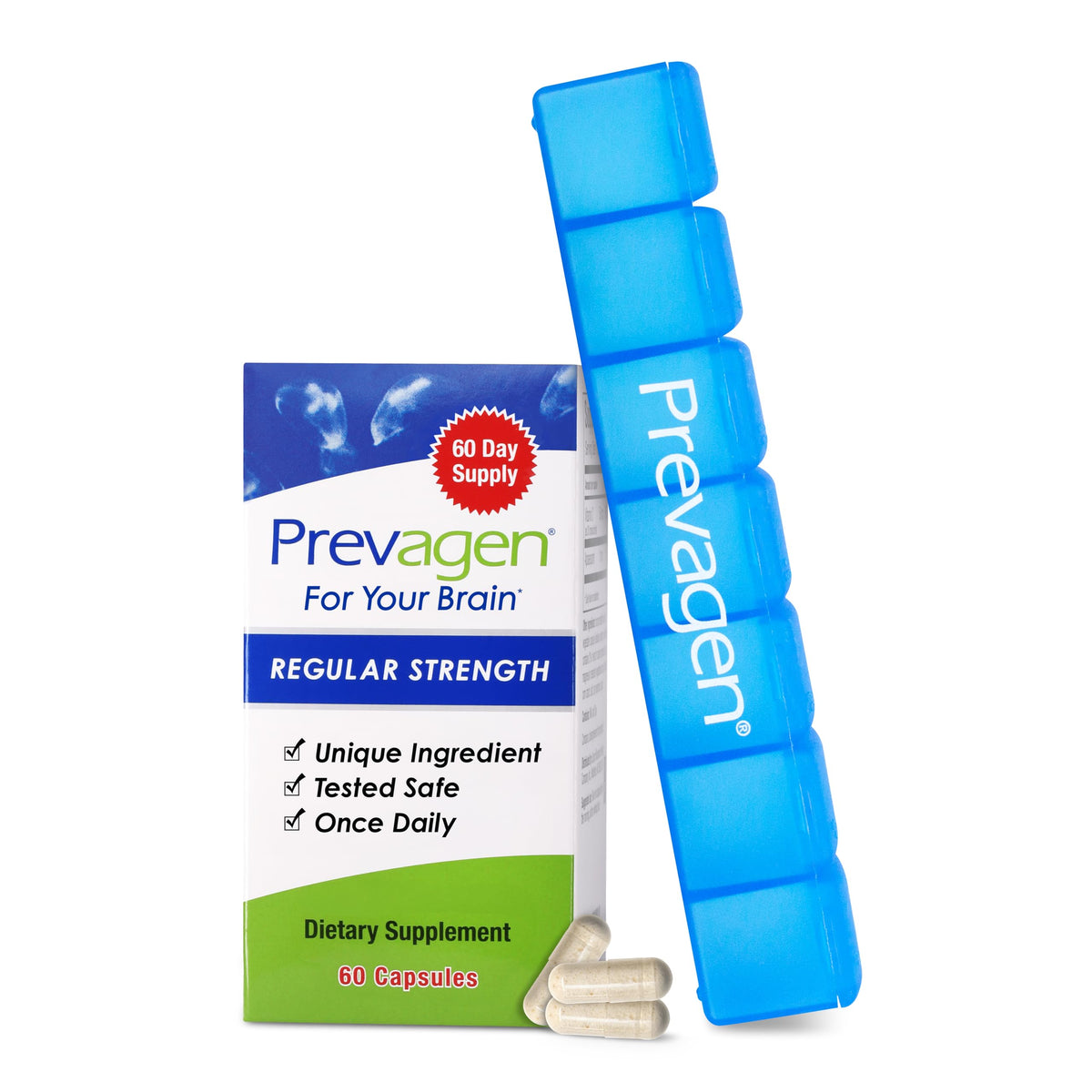 Prevagen envase frontal mostrando 60 cápsulas y beneficio de uso diario