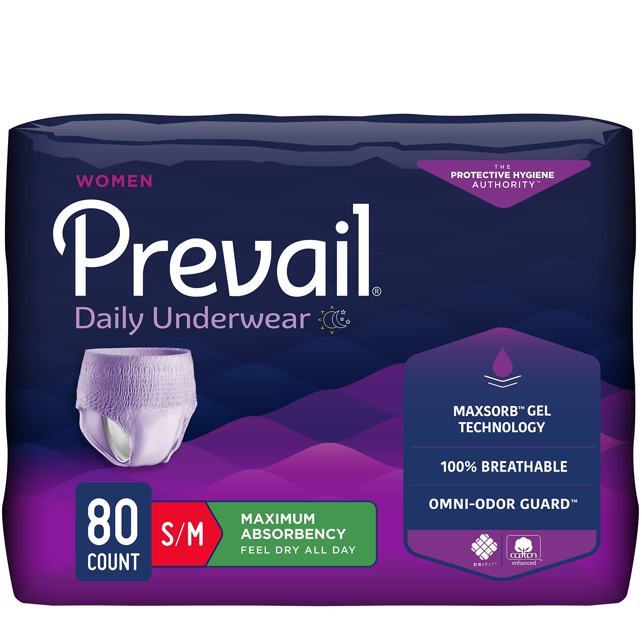 Prevail empaque frontal lavanda mostrando paquete de 80 unidades y apariencia discreta