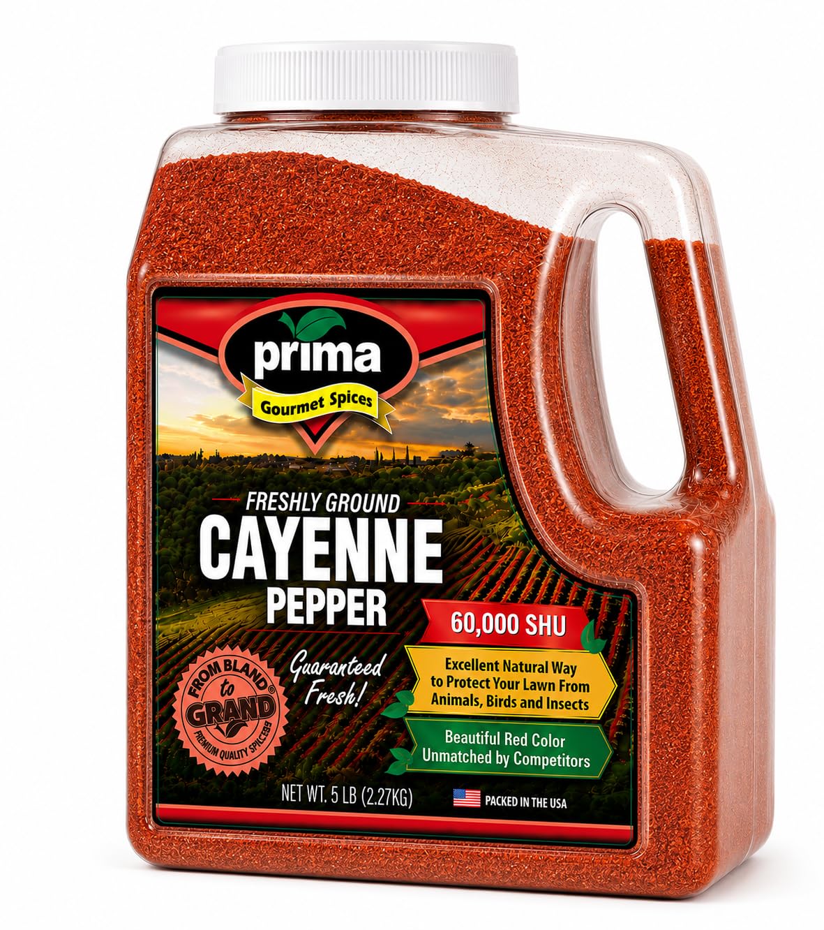 Prima Spice envase frontal de 5 lb mostrando el etiquetado y conveniencia