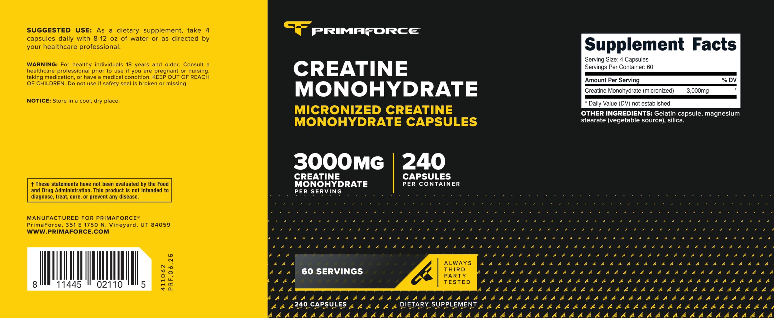 Primaforce etiqueta del envase destacando 3,000 mg por toma y certificaciones