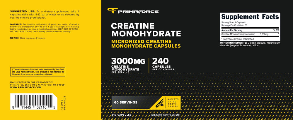 Primaforce etiqueta del envase destacando 3,000 mg por toma y certificaciones