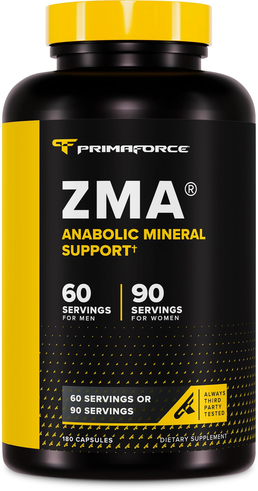 Primaforce ZMA front label showing 180 capsules and supplement facts benefit clarity