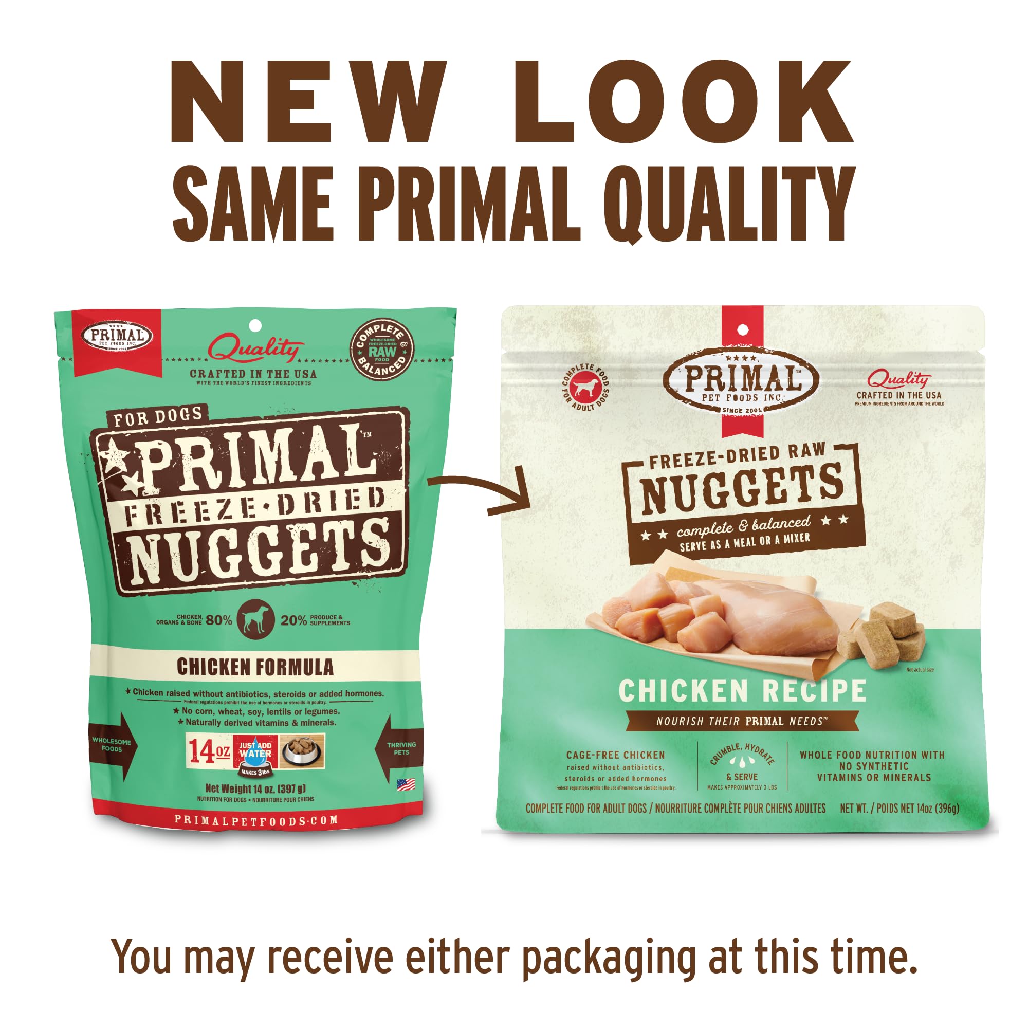 Primal Pet Foods acercamiento textural de nugget de pollo, indica frescura