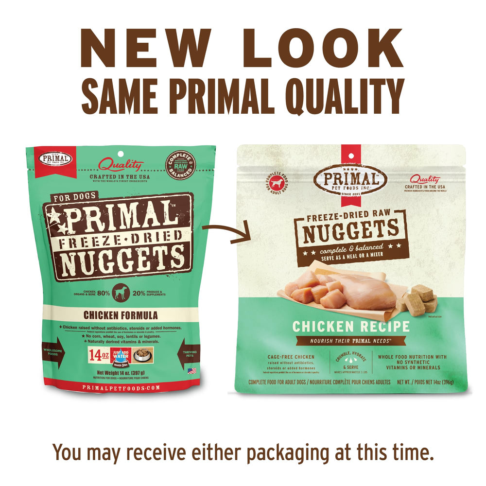 Primal Pet Foods acercamiento textural de nugget de pollo, indica frescura