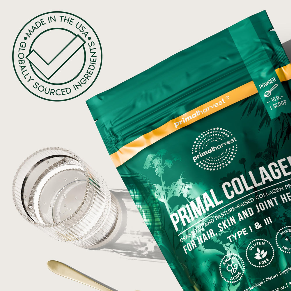 Primal Harvest Collagen en desayuno saludable mostrando uso práctico diario