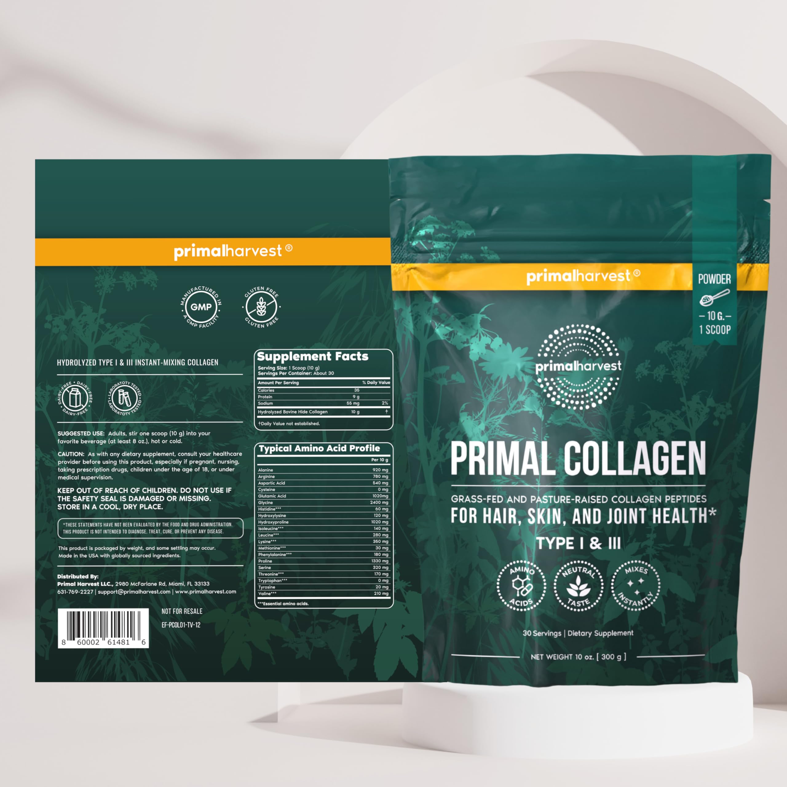Primal Harvest Collagen etiqueta con tipos I y III y lista de aminoácidos