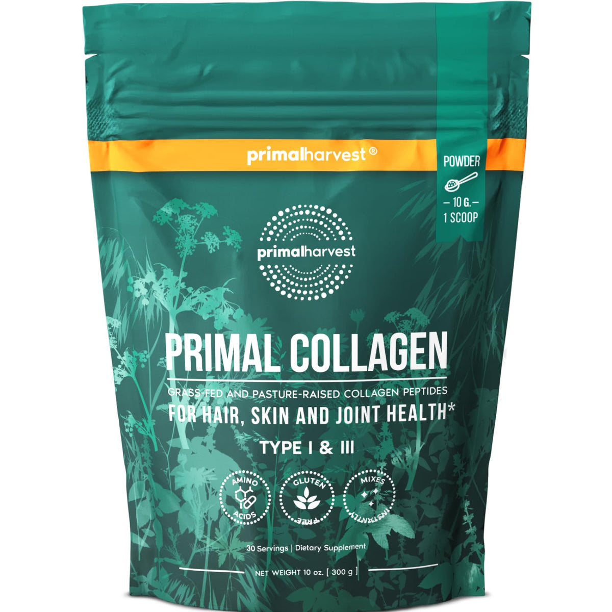 Primal Harvest Collagen frente del envase mostrando diseño y porciones