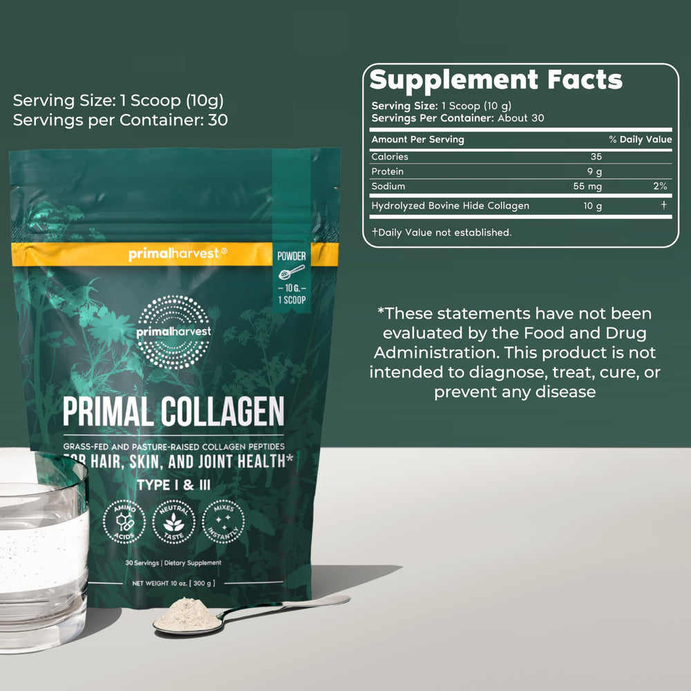 Primal Harvest Collagen polvo en detalle enfatizando textura fina y mezcla fácil