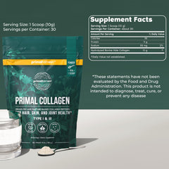 Primal Harvest Collagen polvo en detalle enfatizando textura fina y mezcla fácil