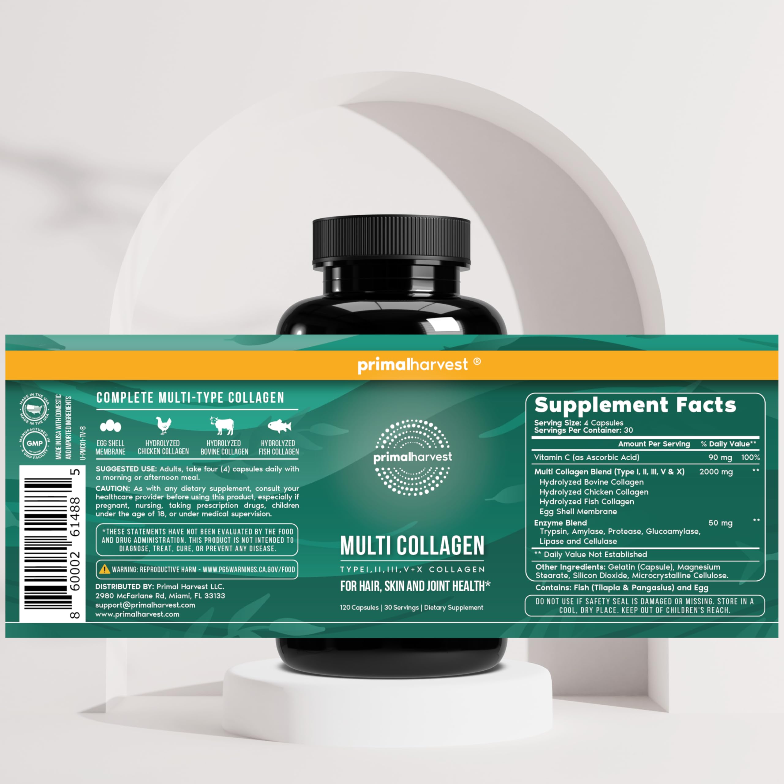 Primal Harvest etiqueta con lista de tipos de colágeno y vitamin C añadida