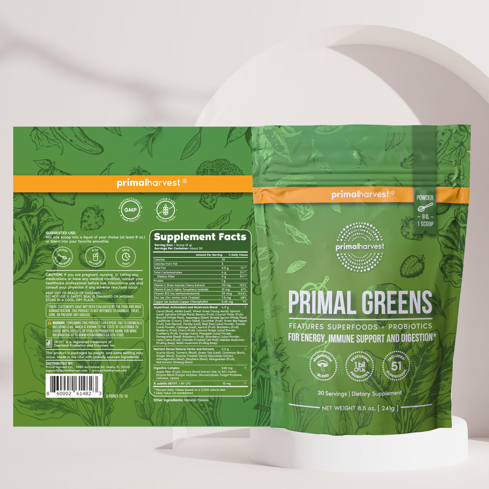 Primal Harvest etiqueta nutricional clara con vitaminas y minerales