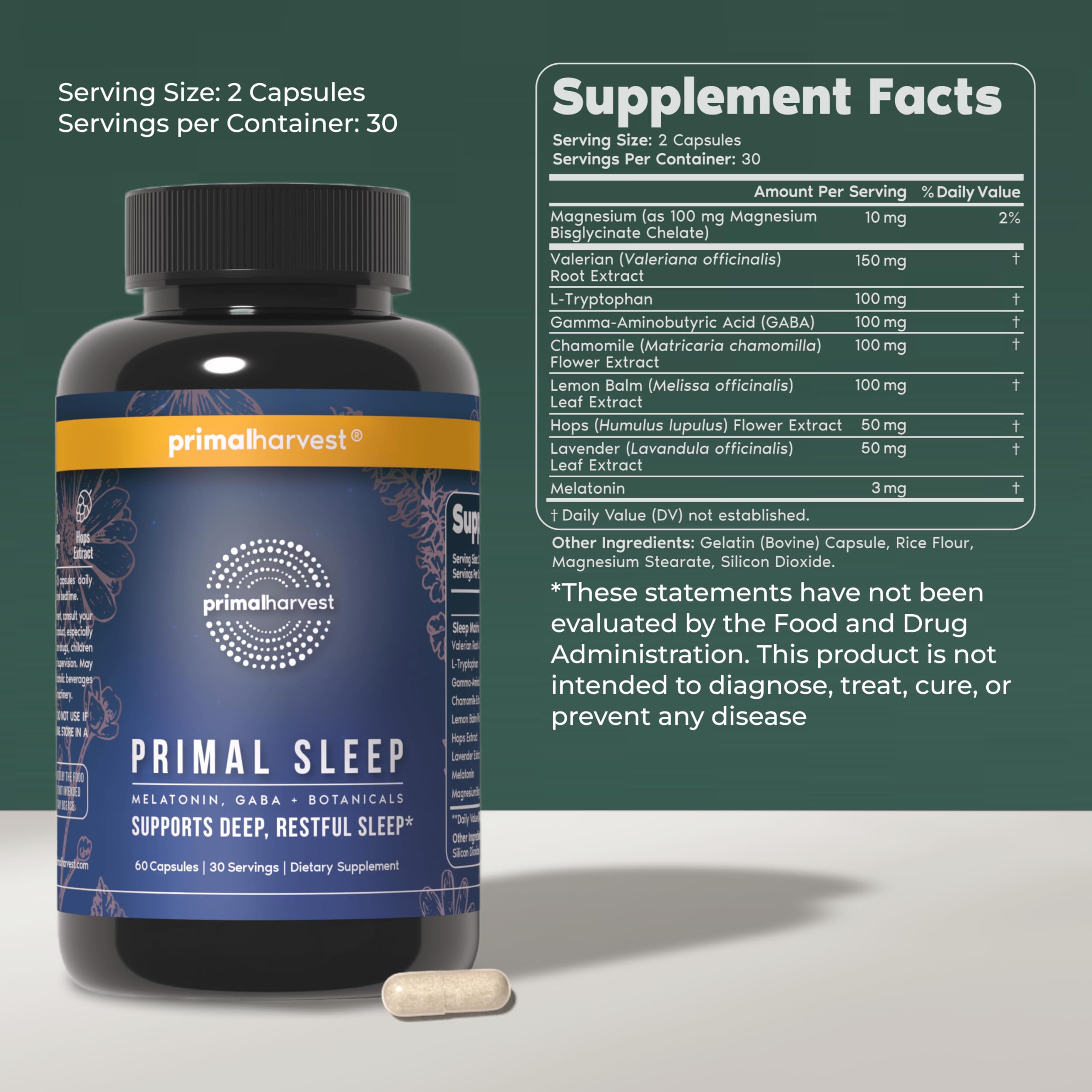 Primal Harvest Sleep primer plano de cápsulas mostrando su tamaño y acabado fácil de tragar