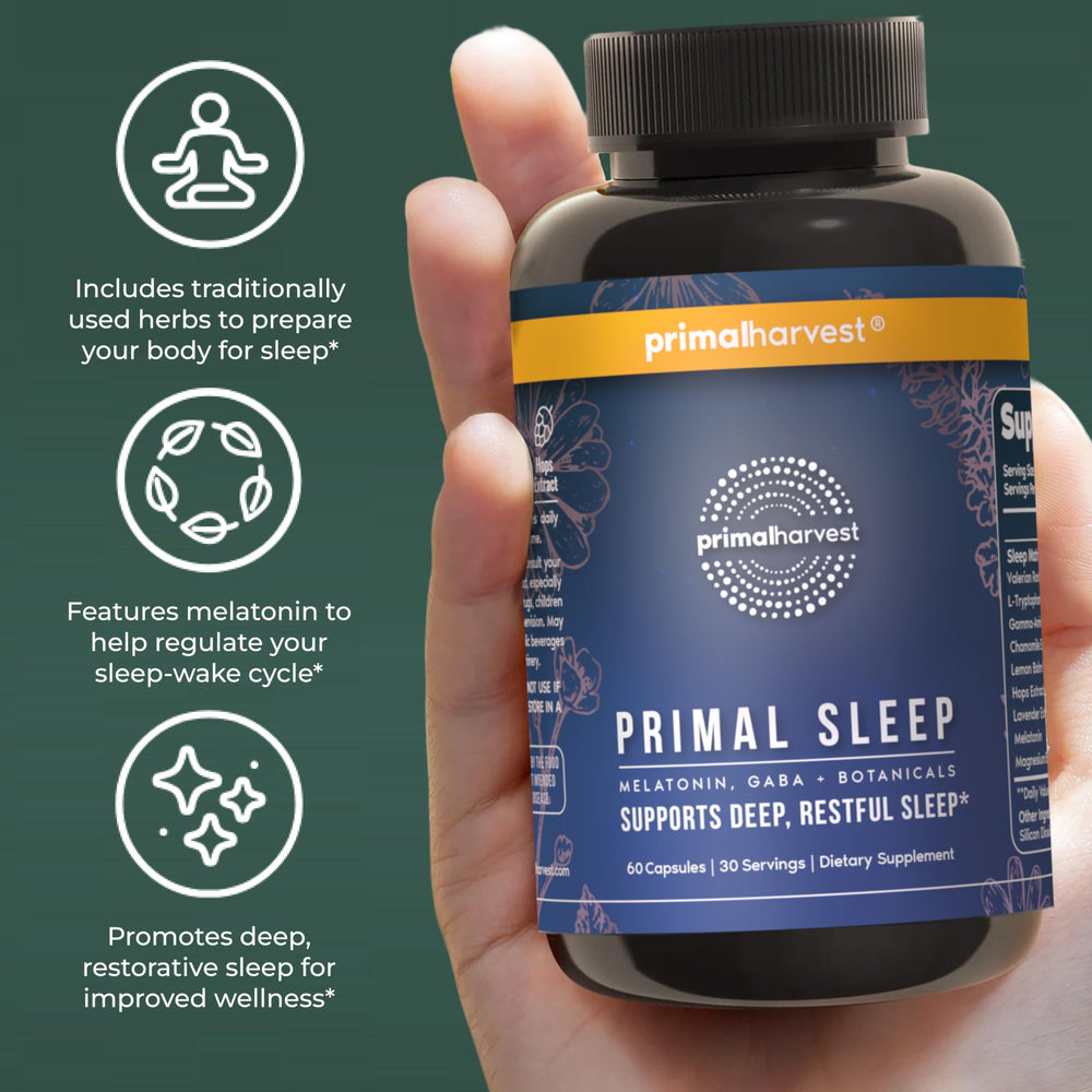Primal Harvest Sleep ambientado en dormitorio para ilustrar uso nocturno relajante