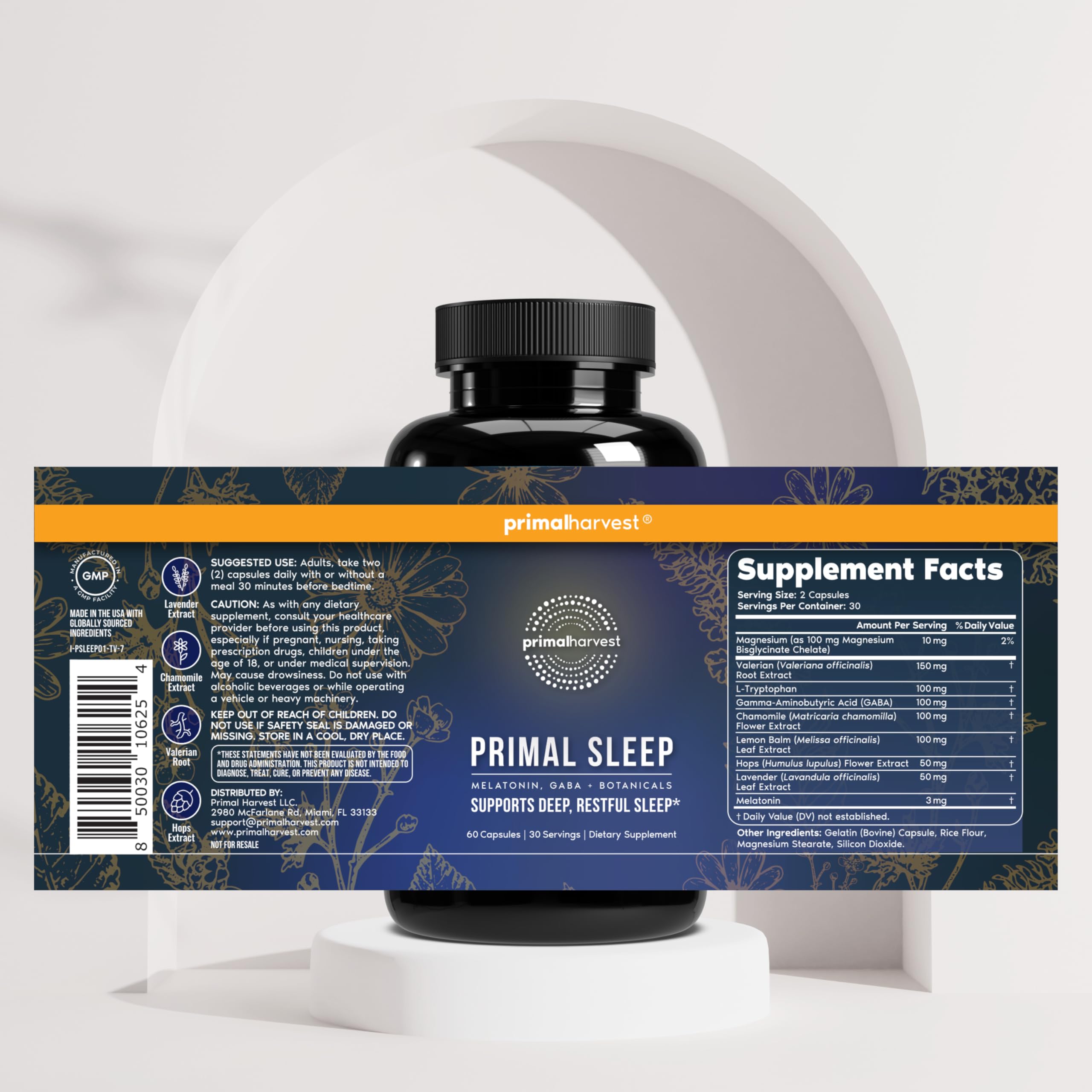 Primal Harvest Sleep etiqueta nutricional legible destacando ingredientes y ausencia de alérgenos