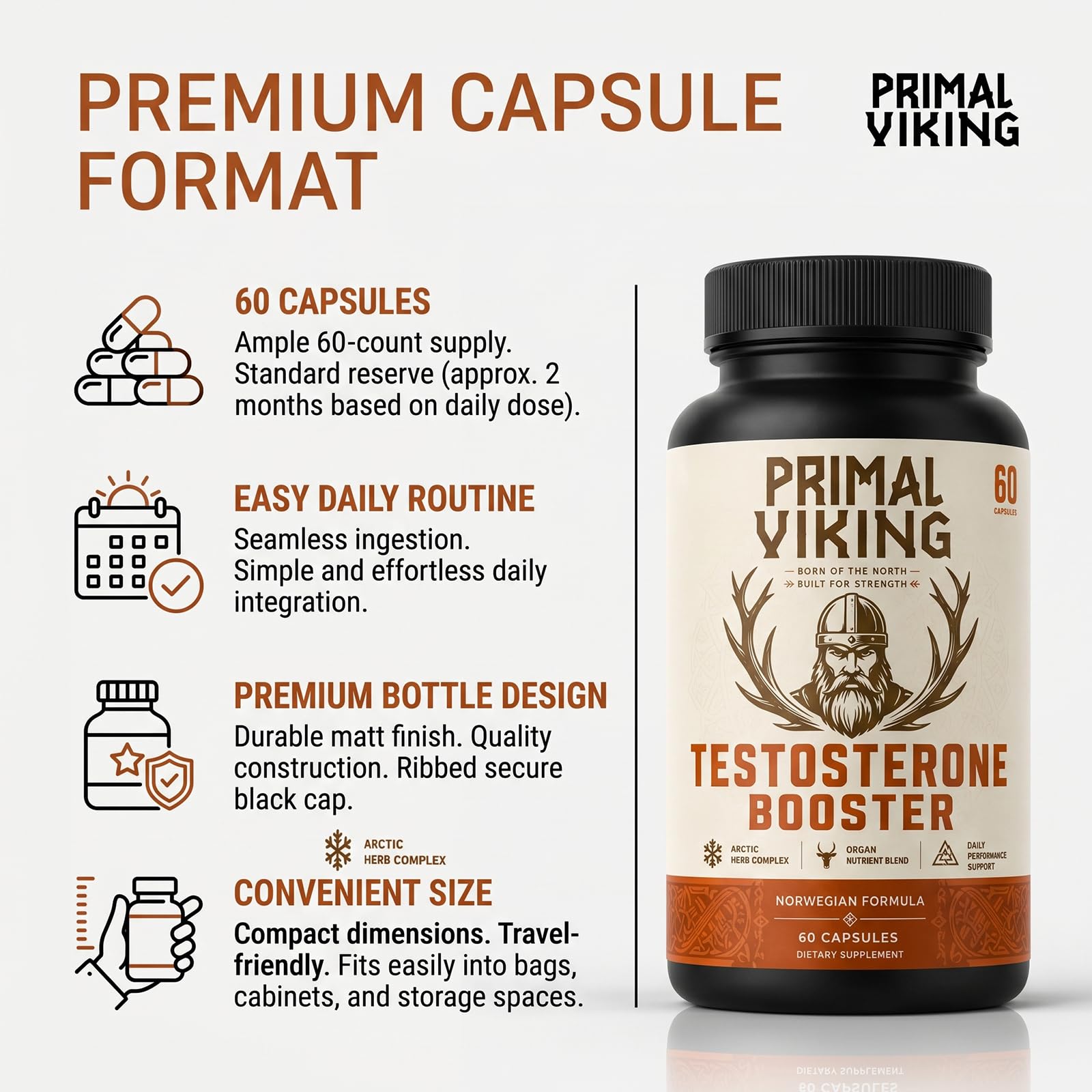 Primal Viking cápsulas en mano para comparar tamaño y dosificación práctica