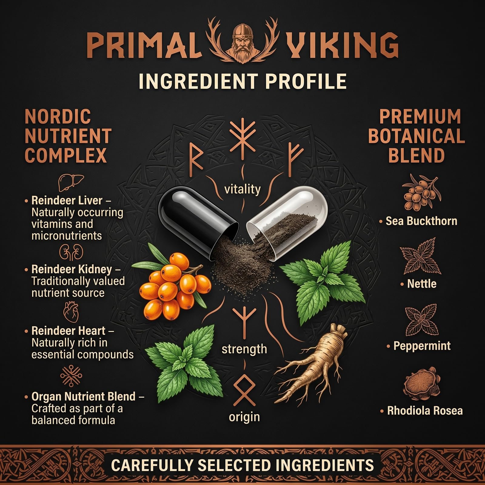 Primal Viking presentación con ingredientes naturales insinuando selección cuidada
