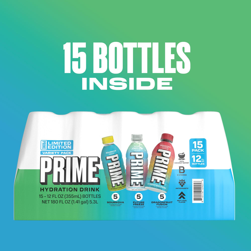 PRIME HYDRATION comparación de tamaño con una mano para mostrar 355 ml, fácil de transportar