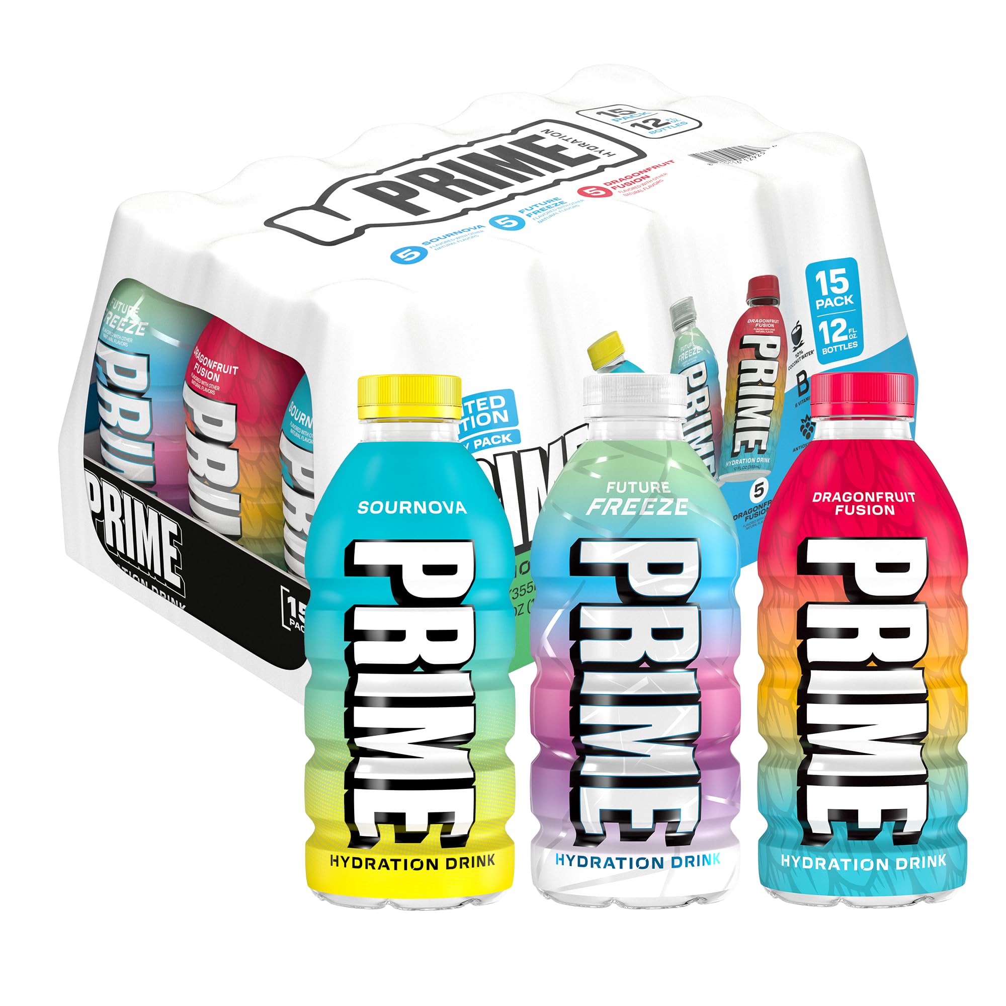 PRIME HYDRATION pack frontal mostrando tres sabores y botellas brillantes, hidratación sabrosa