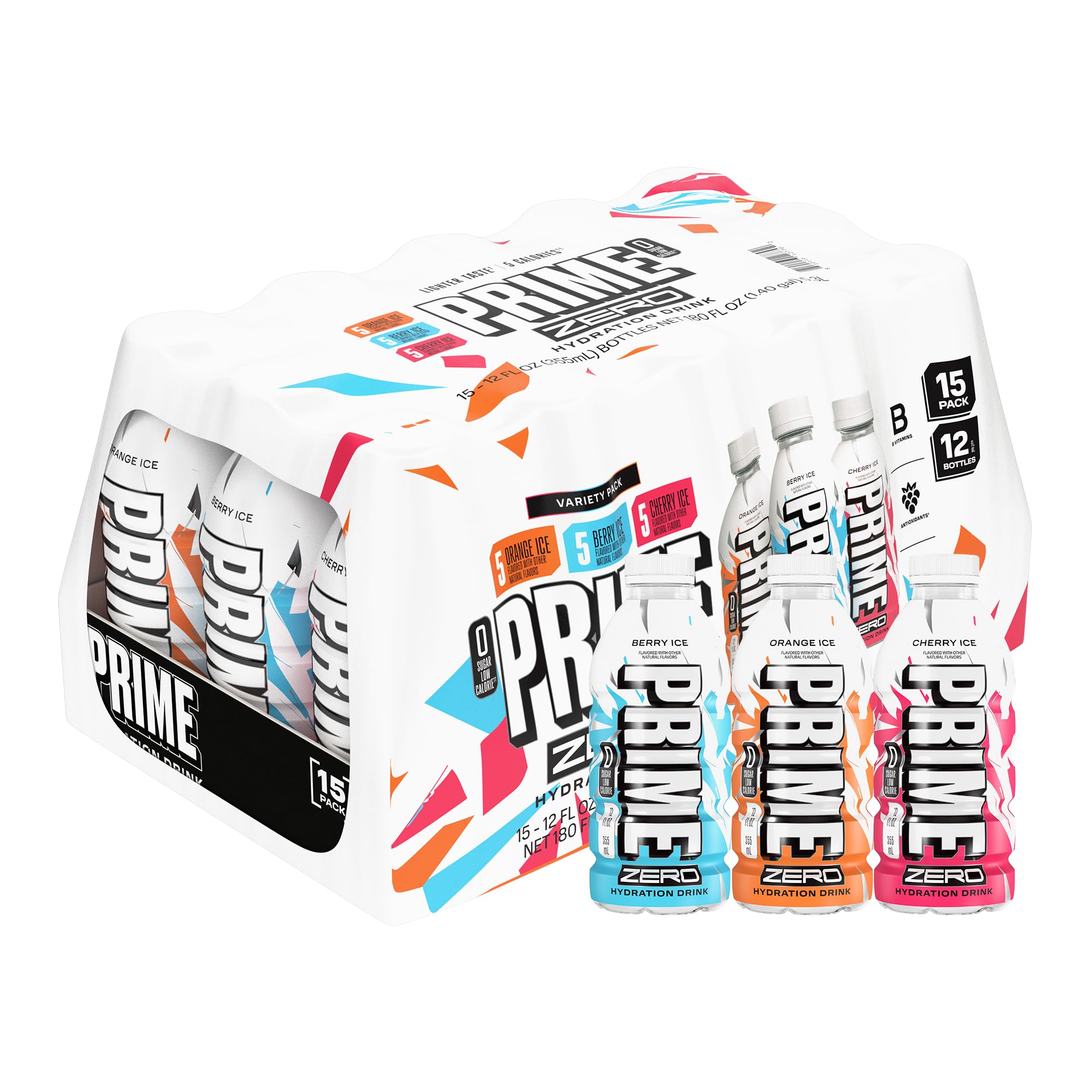 PRIME HYDRATION pack frontal mostrando las 15 botellas y variedad de sabores