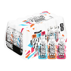 PRIME HYDRATION pack frontal mostrando las 15 botellas y variedad de sabores