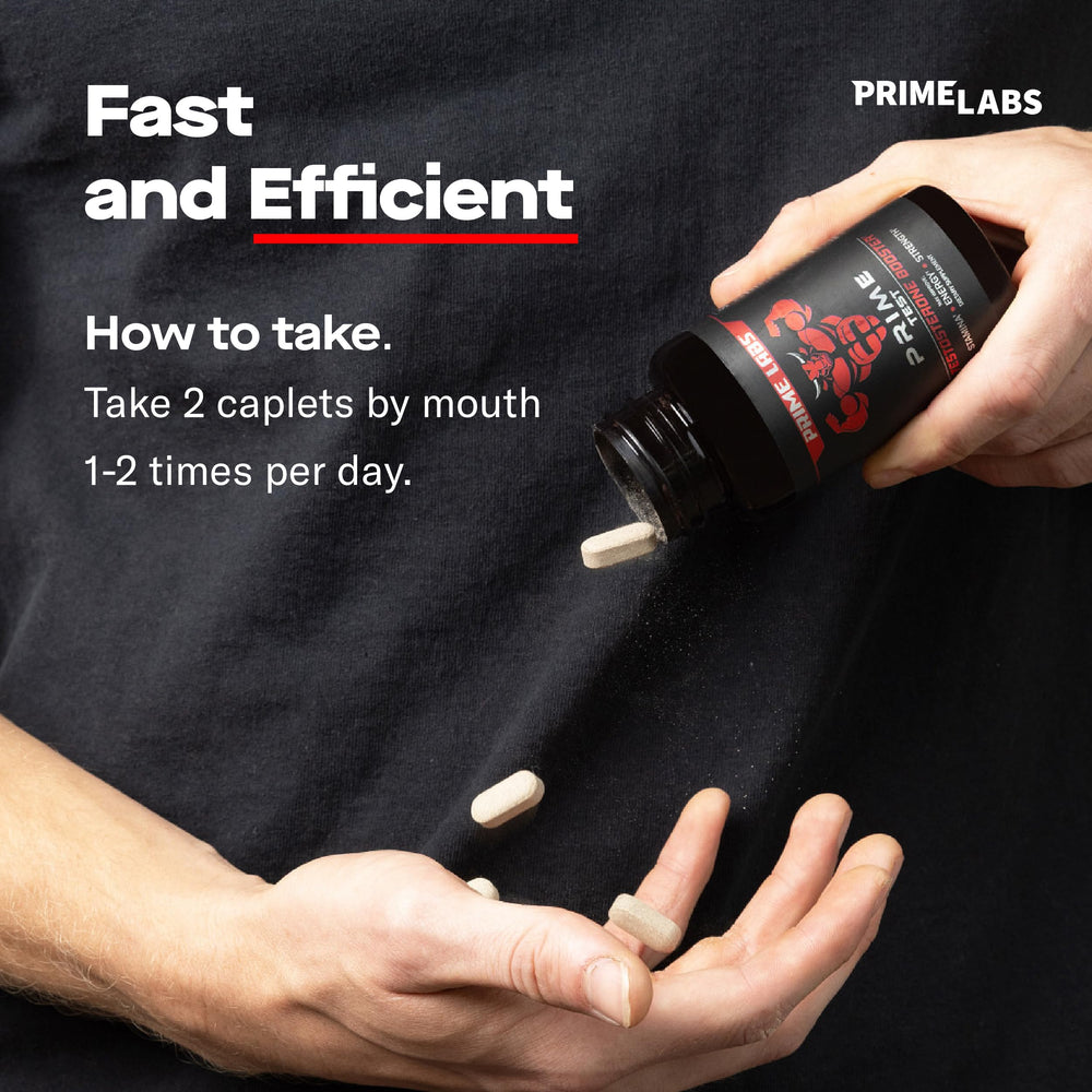 Prime Labs open bottle with visible caplets promoting convenient use
