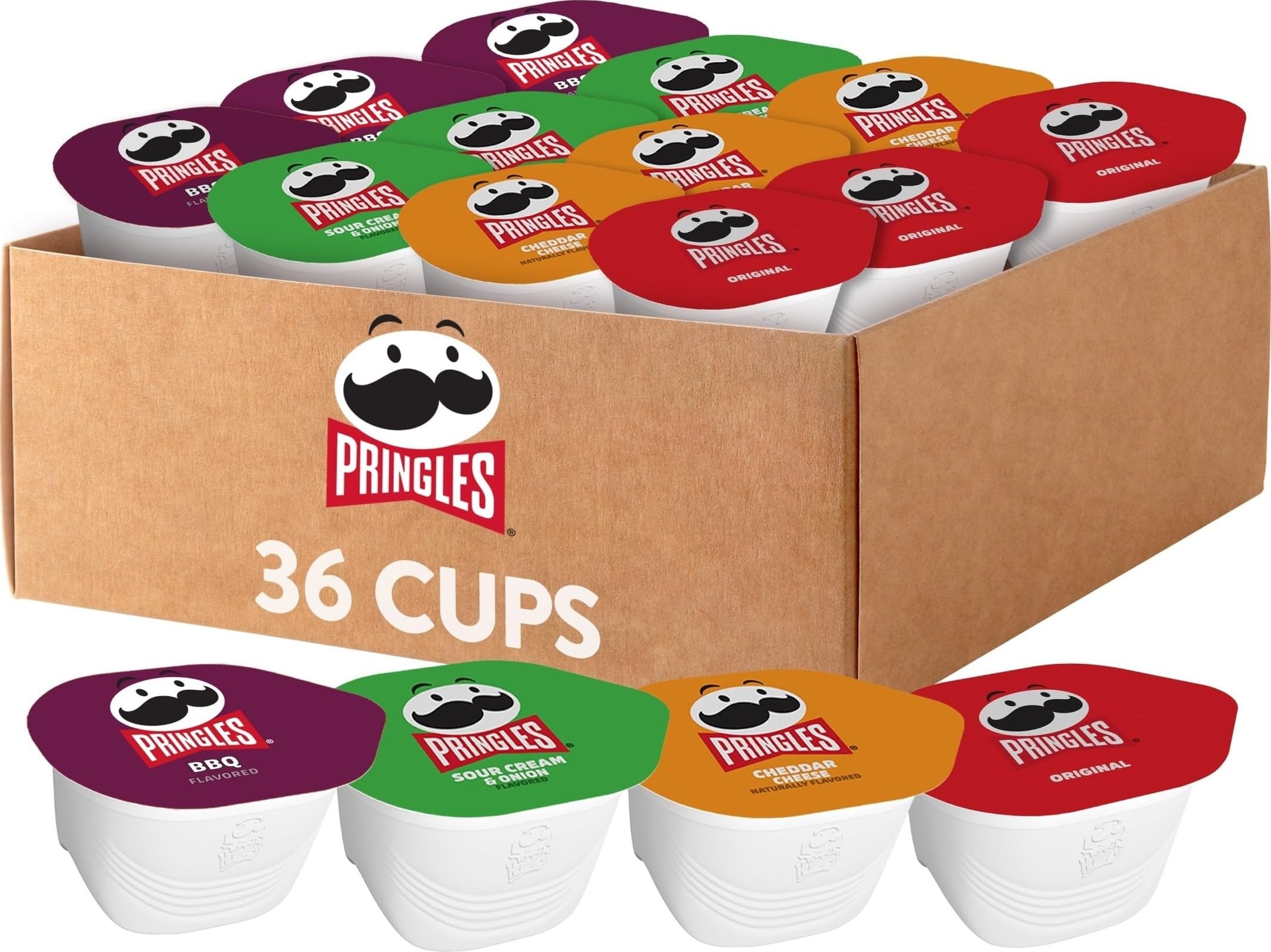 Pringles paquete 36 tazas mostrando variedad y conveniencia