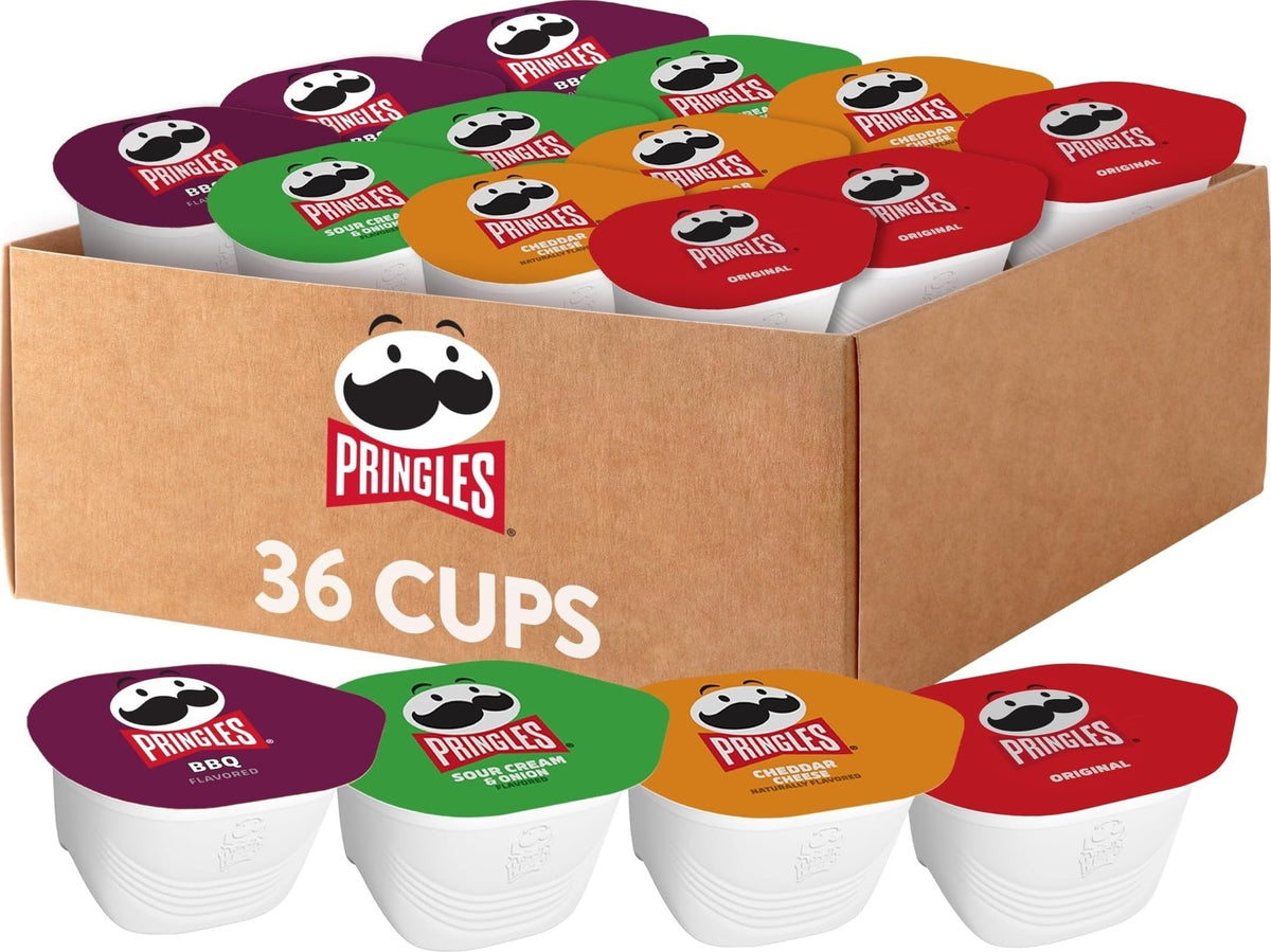 Pringles paquete 36 tazas mostrando variedad y conveniencia