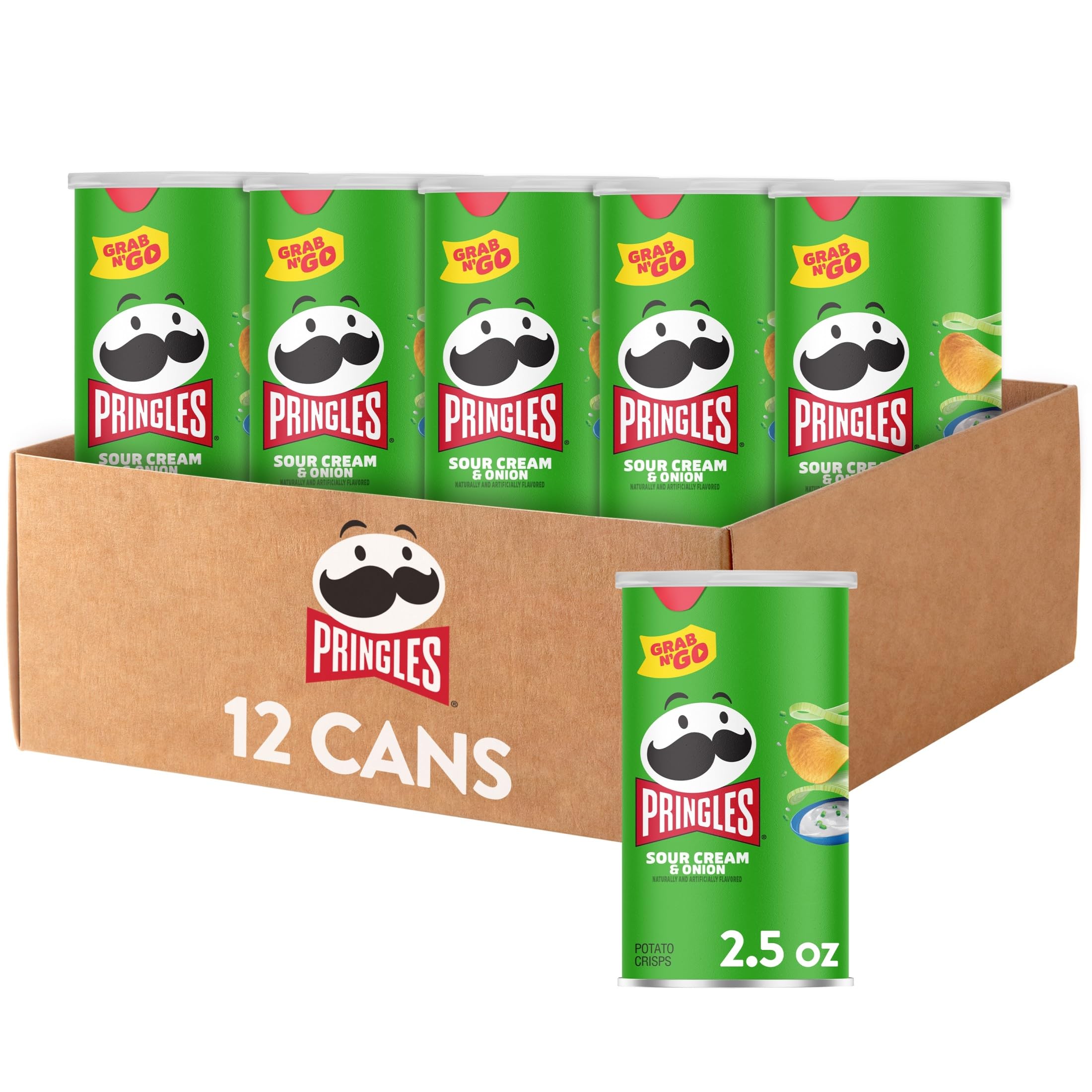 Pringles lata frontal Sour Cream and Onion mostrando portabilidad y sabor