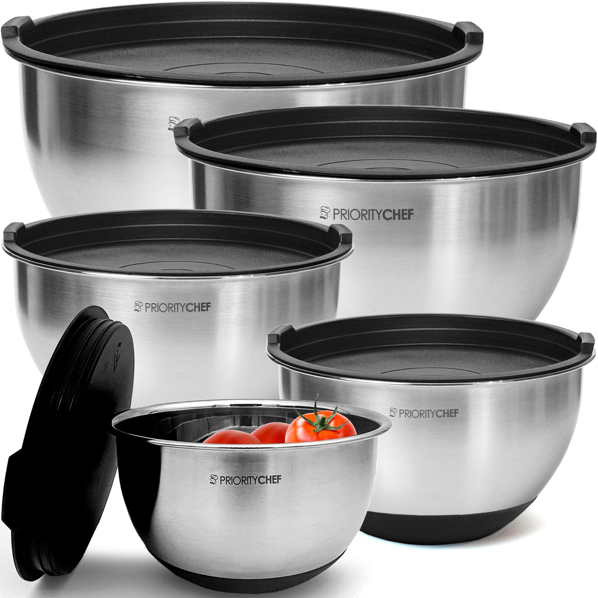Priority Chef vista frontal del set con tapas, almacenamiento eficiente