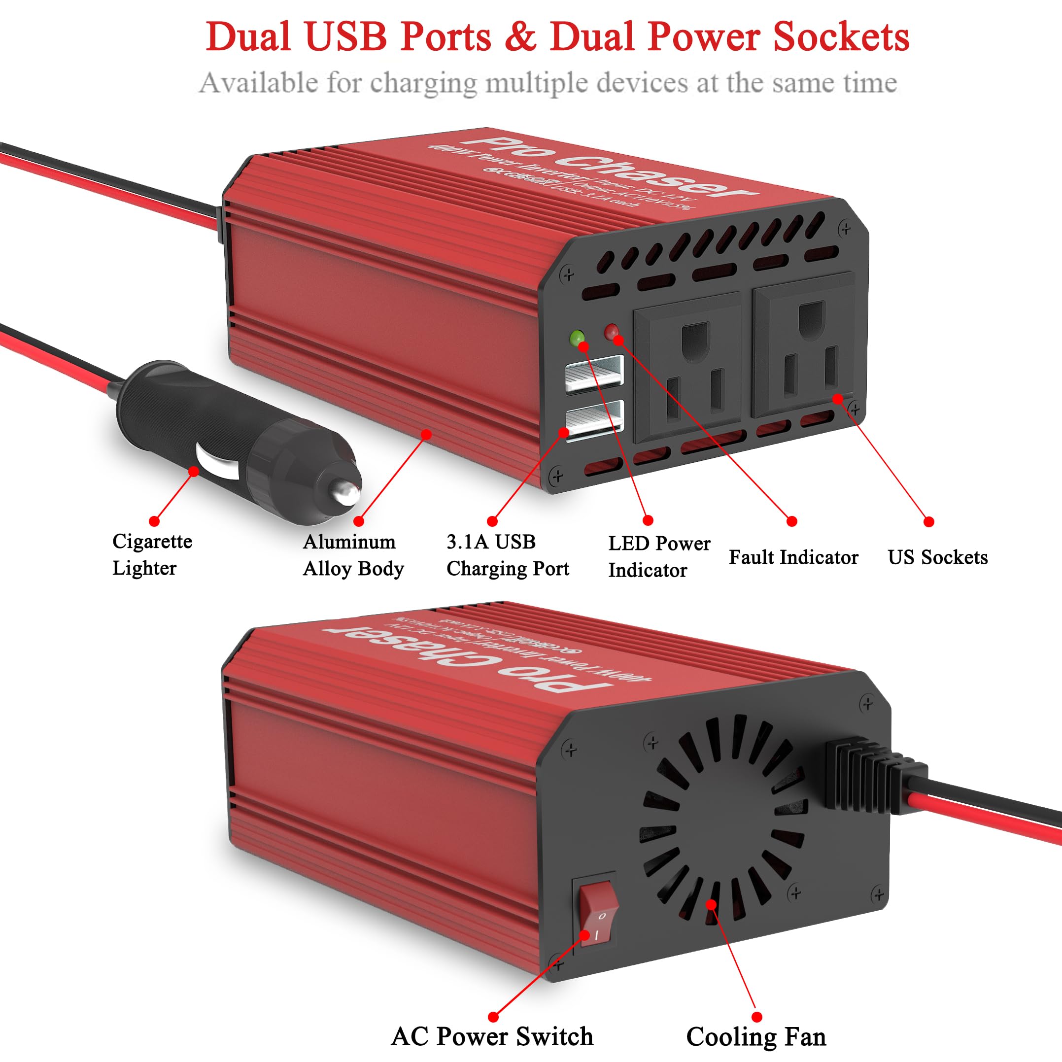 Pro Chaser etiqueta con especificaciones 400W y 800W pico, claridad técnica