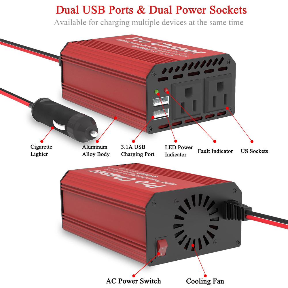 Pro Chaser etiqueta con especificaciones 400W y 800W pico, claridad técnica