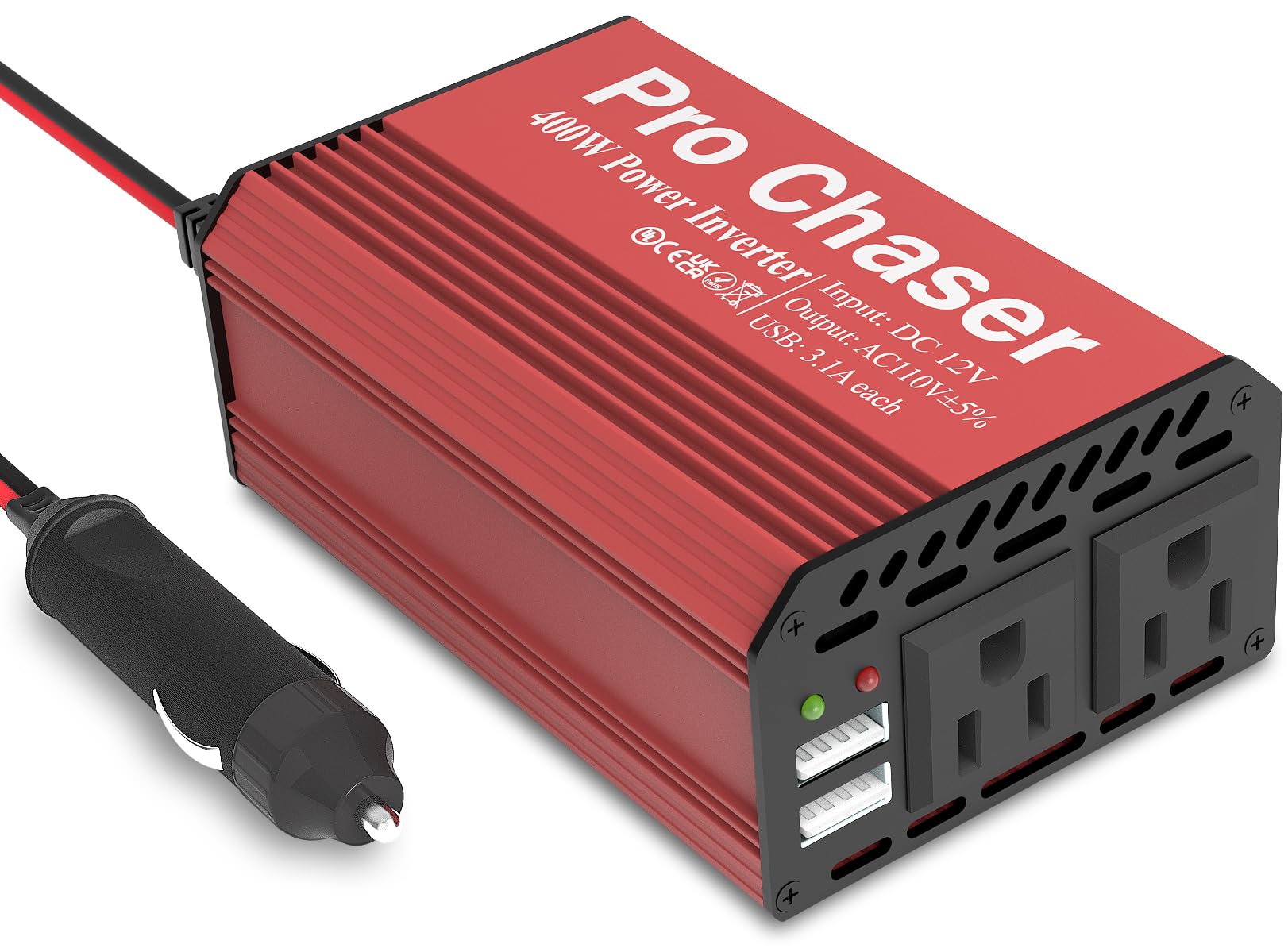 Pro Chaser vista frontal con enchufes AC y puertos USB, carga fiable en ruta