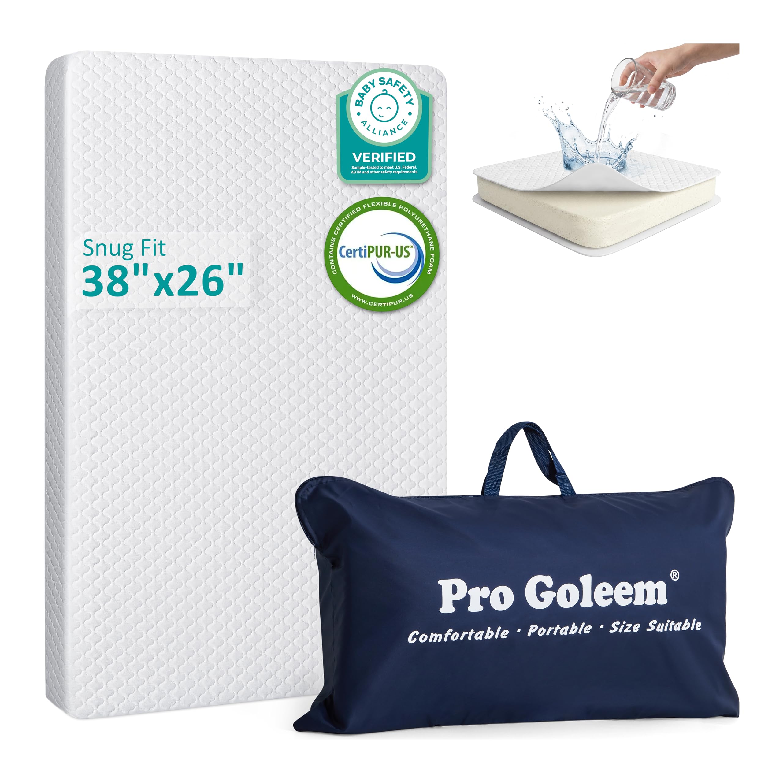 Pro Goleem vista frontal del colchón empaquetado, ajuste seguro