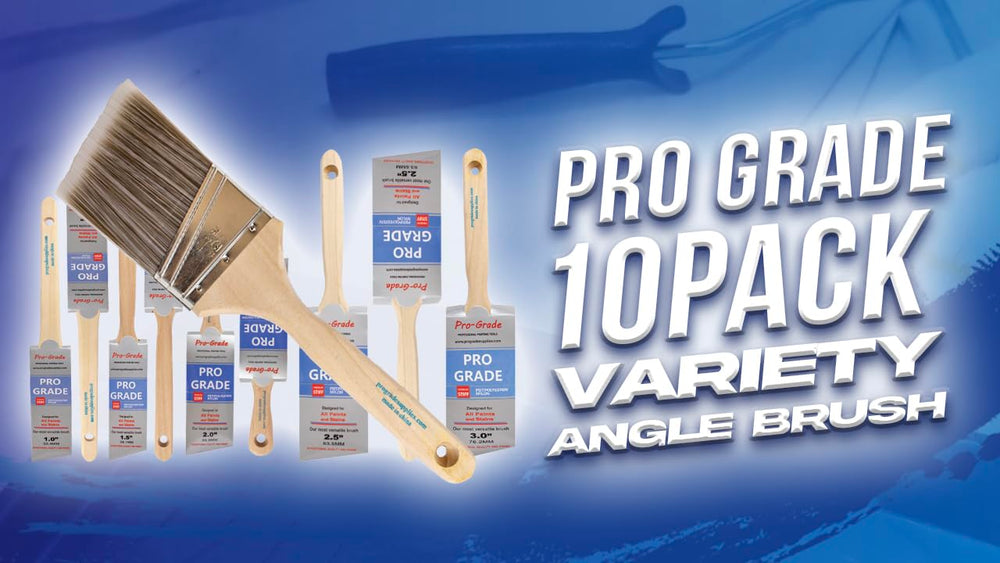 Pro Grade brushes on a jobsite with paint tray to show real-world trimming and wall work