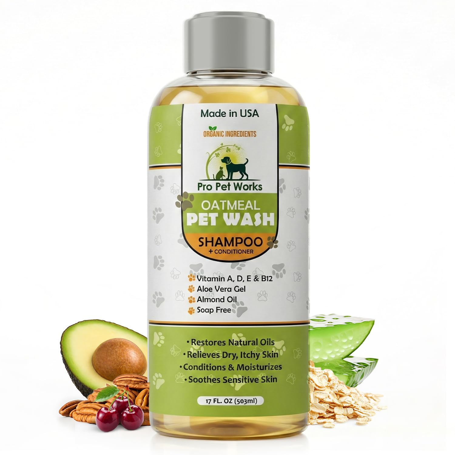 Pro Pet Works botella frontal mostrando ingrediente avena y beneficios visibles