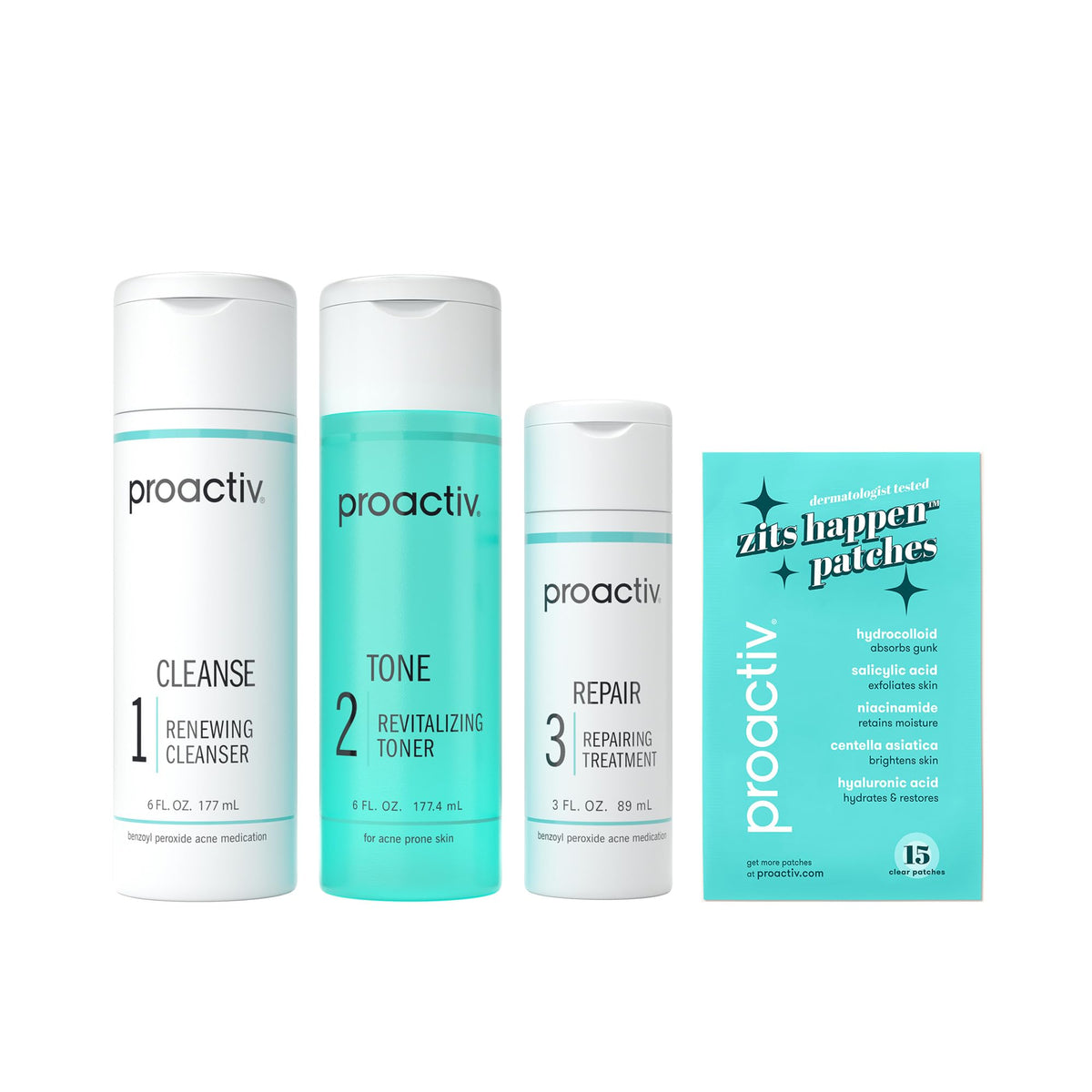 Proactiv empaque frontal del kit 3 pasos mostrando componentes y duración de 90 días