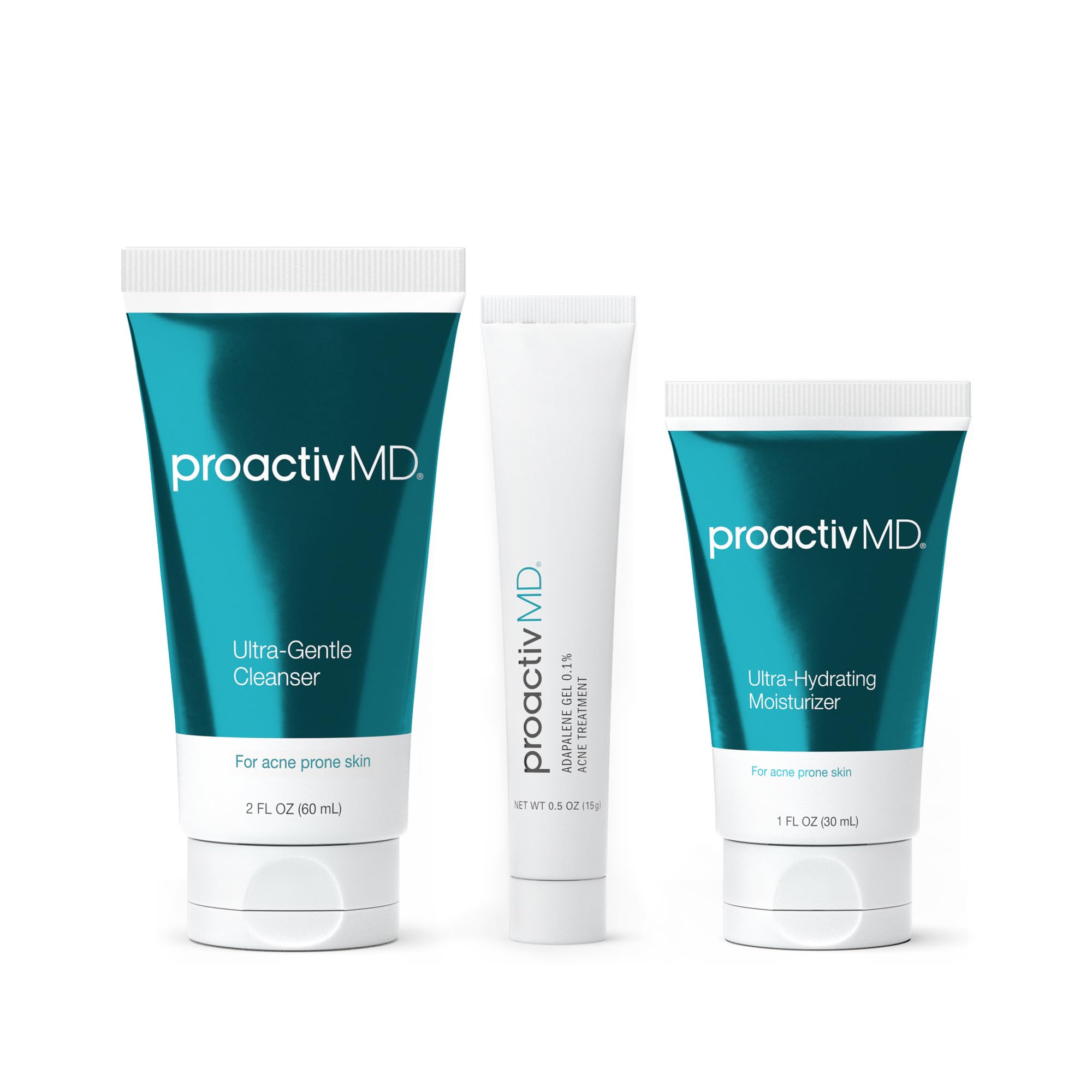 ProactivMD kit frontal mostrando limpiador, gel de adapaleno y crema con apariencia profesional
