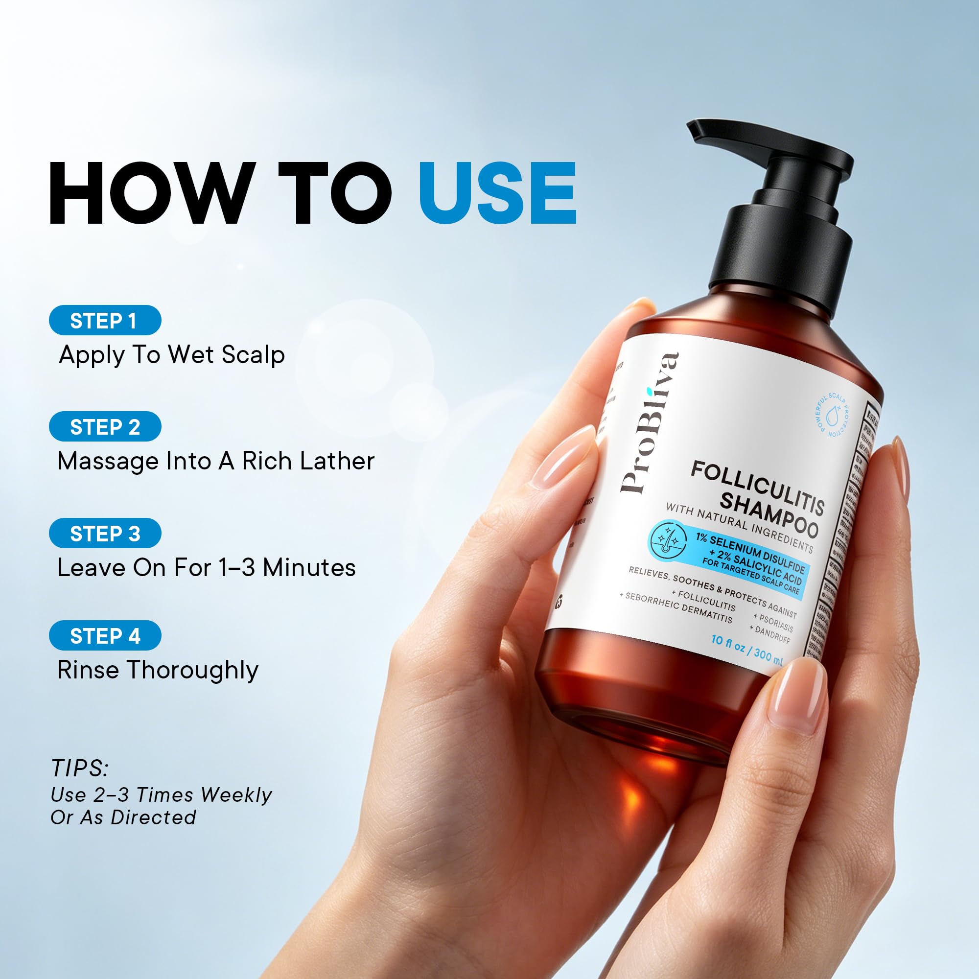 ProBliva espuma en cabello demostrando cobertura y enjuague fácil