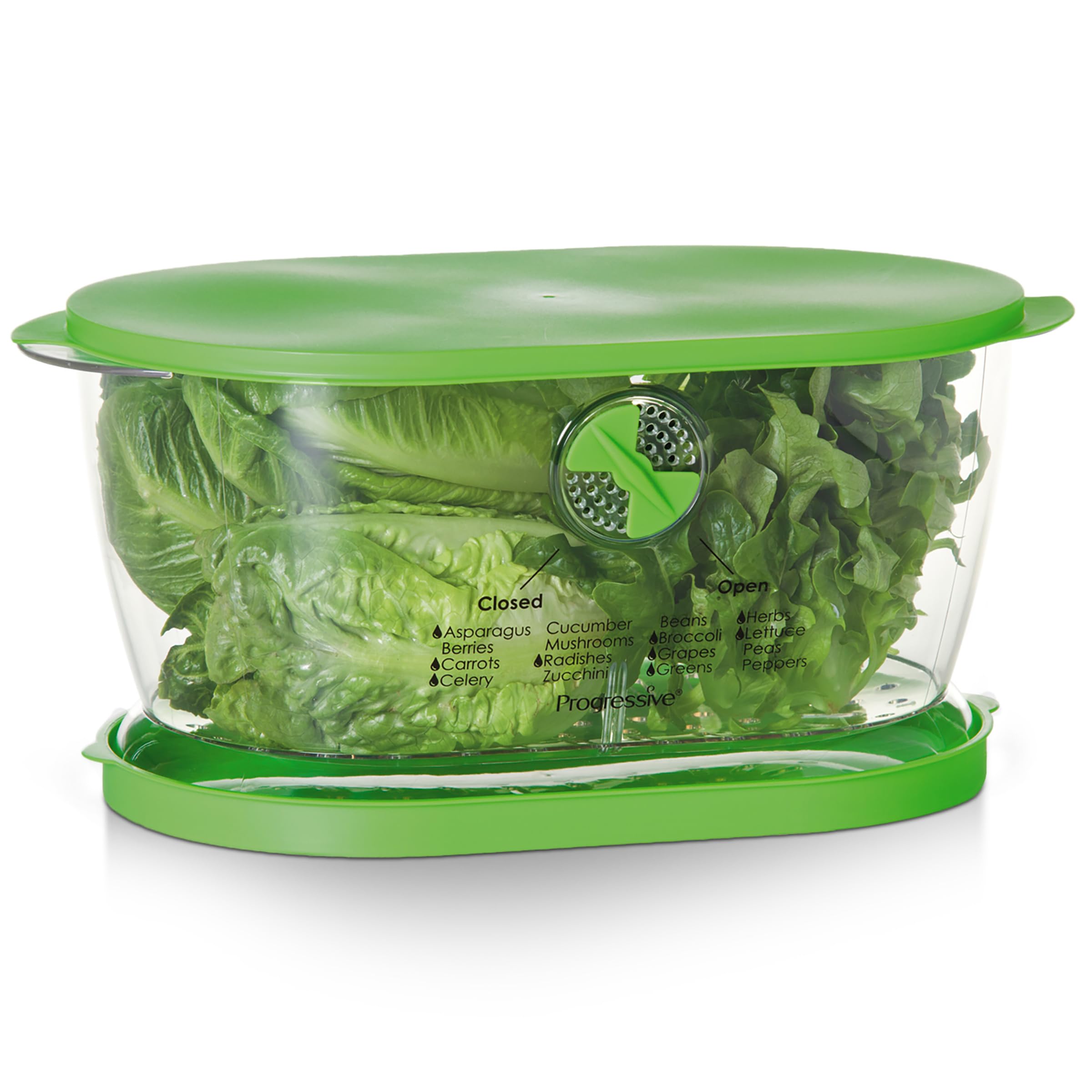 Progressive contenedor frontal con tapa verde que conserva vegetales frescos