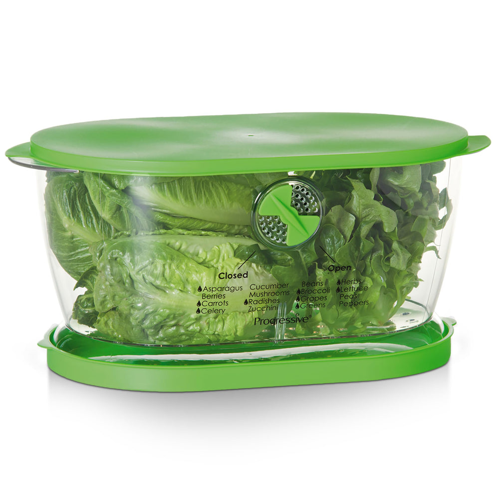 Progressive contenedor frontal con tapa verde que conserva vegetales frescos