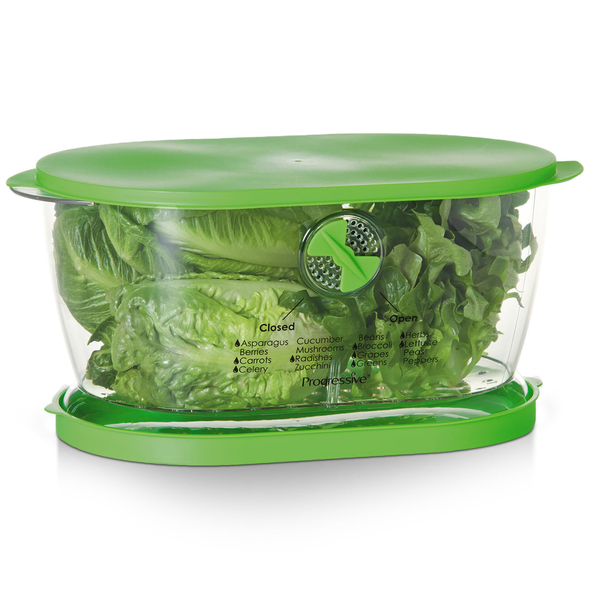 Progressive contenedor frontal con tapa verde que conserva vegetales frescos