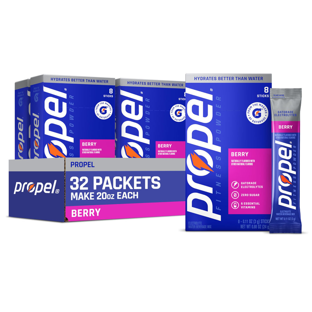 Propel frente del empaque Berry mostrando contenido y beneficio hidratación
