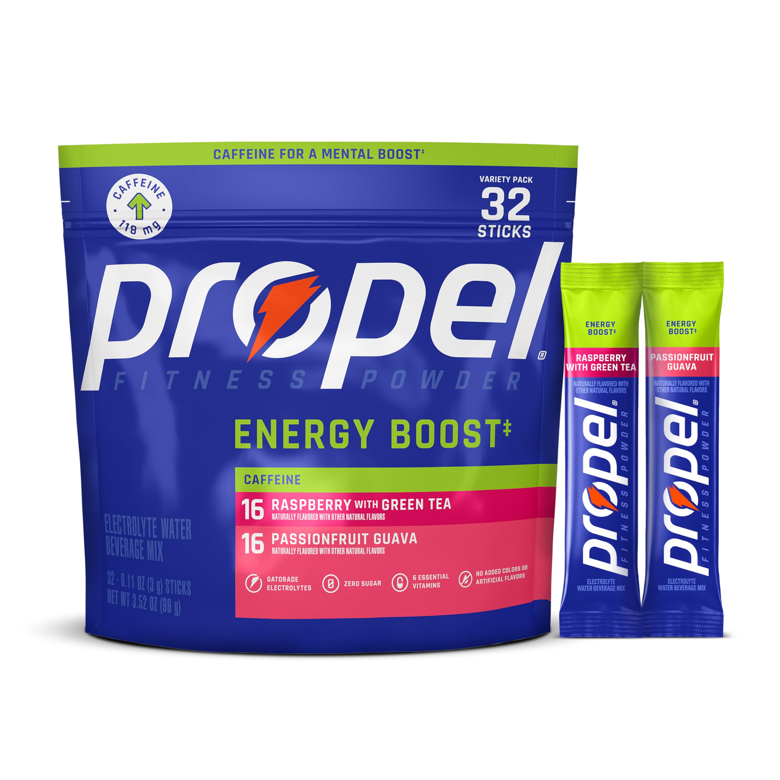 Propel empaque frontal mostrando 32 sobres y variedad de sabores