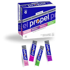 Propel frente del embalaje con 40 sobres y variedad de sabores, conveniencia visible