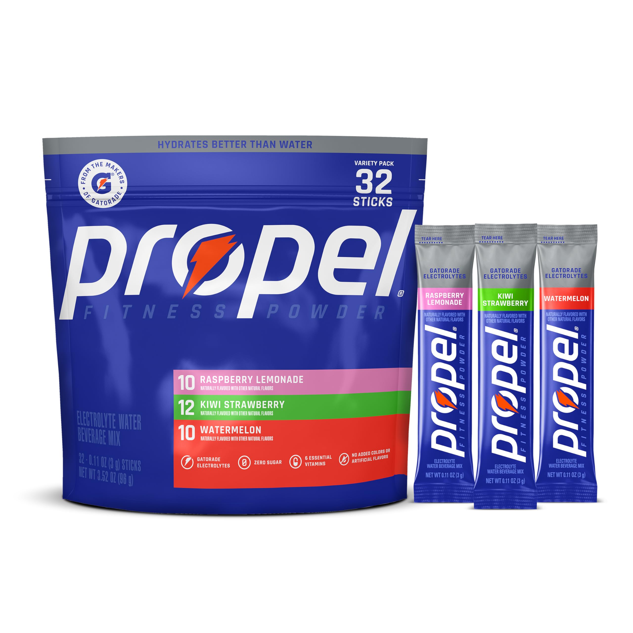 Propel frontal del paquete variedad 3 sabores mostrando sobres y beneficios